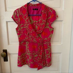 Nanette Lepore 100% Silk Made in USA Fuchsia Pink Floral Cap Sleeve Wrap Shirt
